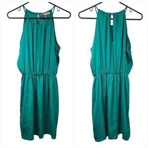 Forever 21 Contemporary Sleeveless Teal Halter Satin Blouson Mini Dress Keyhole